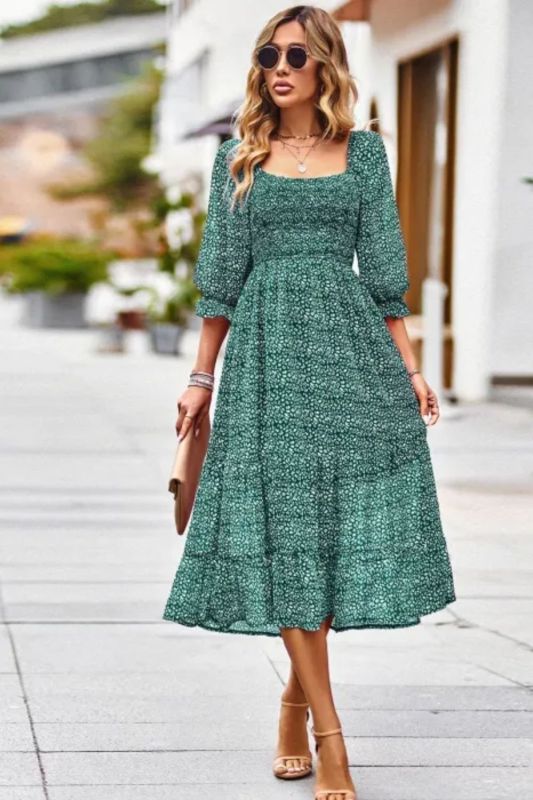 Bohemian Square Neck Quarter-sleeved Dress