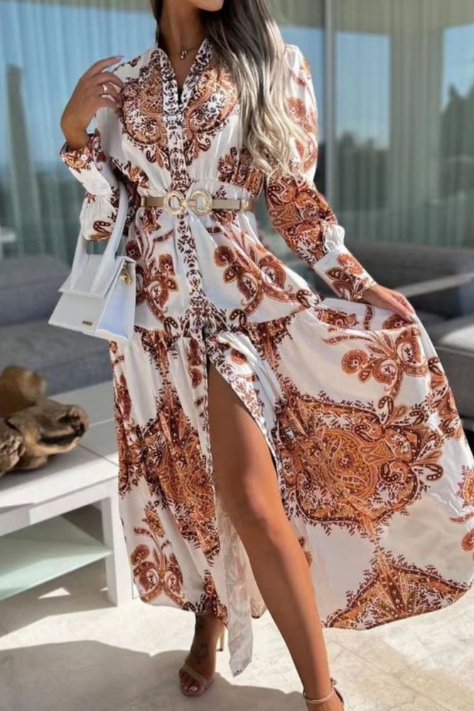 Sexy V Neck Split Elegant Printed Vintage Casual Long Sleeved Maxi Dress