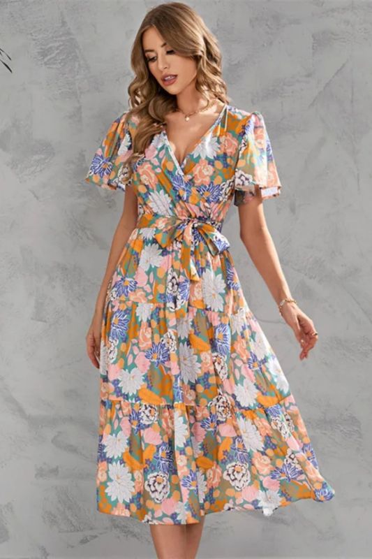Bohemia Print Butterfly Sleeve Casual V-neck Vintage Party Dress