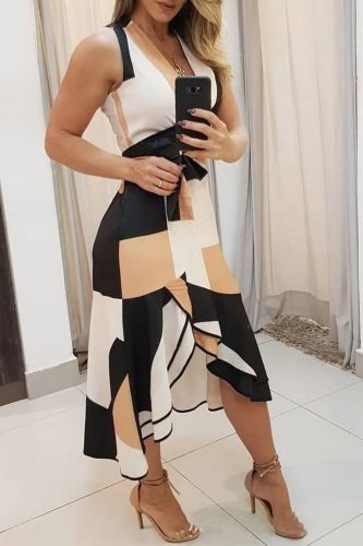 Sexy V Neck Fashion Geometry Print Irregular Dress
