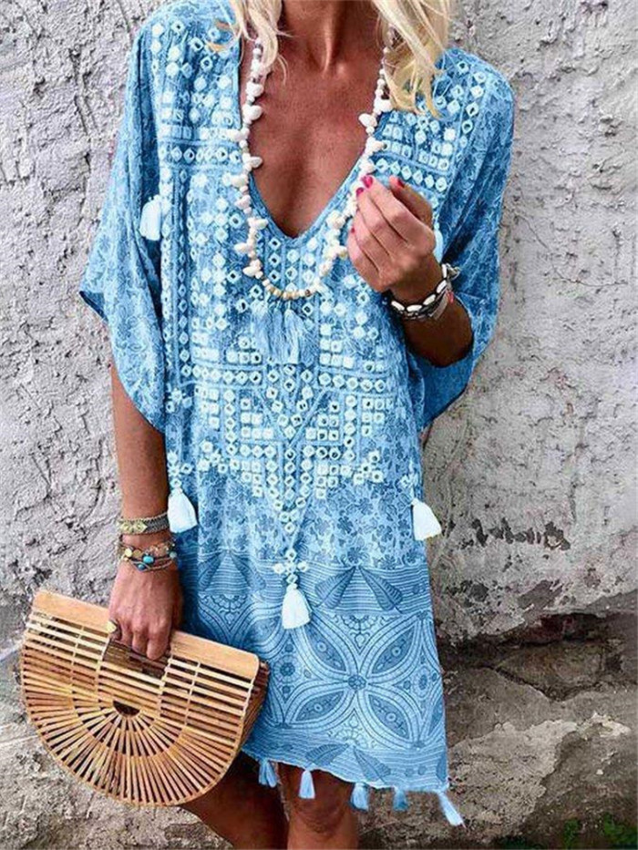Sexy Beach Boho Style V-Neck Print Fringed Casual Dress