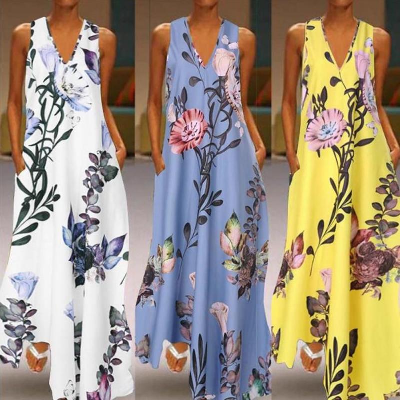 Printed Casual V Neck Fashion  Party Linen Maxi Dress