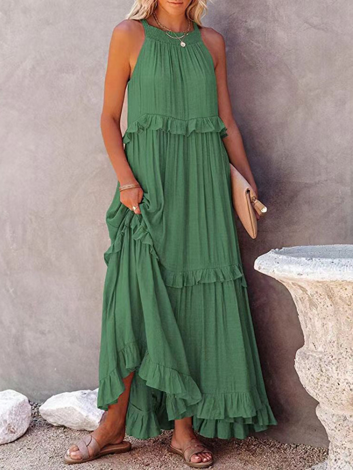Fashion Solid Color Casual Ruffle Elegant Hollow Ribbon Party  Wedding Guest Dress