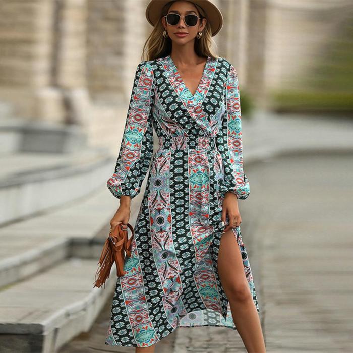 Fashion Print V Neck Puff Sleeve Bohemian A-Line Slit  Maxi Dress