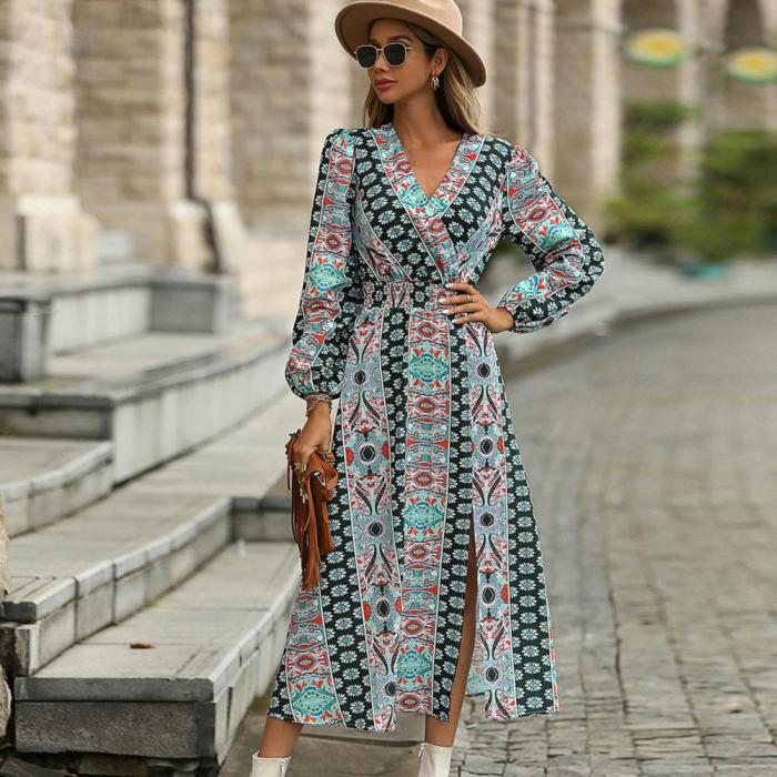 Fashion Print V Neck Puff Sleeve Bohemian A-Line Slit  Maxi Dress