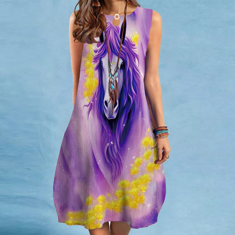Women Fashion Retro Sleeveless Round Neck Print Loose Mini Casual Dress