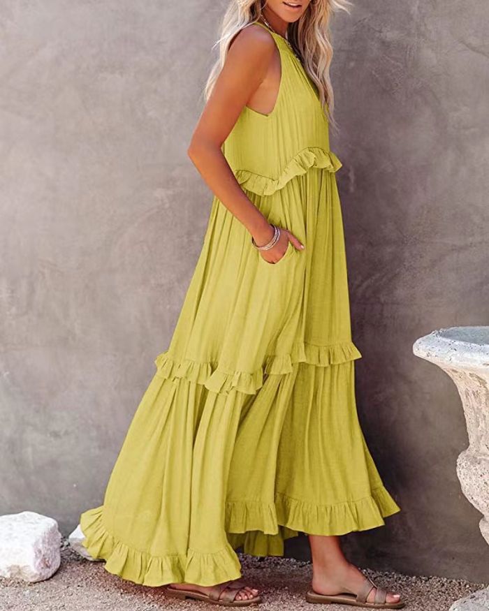 Fashion Solid Color Casual Ruffle Elegant Hollow Ribbon Party  Wedding Guest Dress