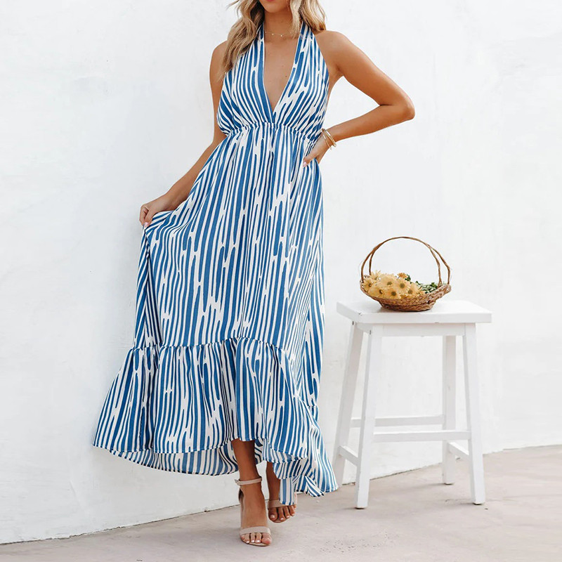 Fashion Sexy Backless Sling Deep V Swing Stripe Sleeveless Party Wedding Guest Dress