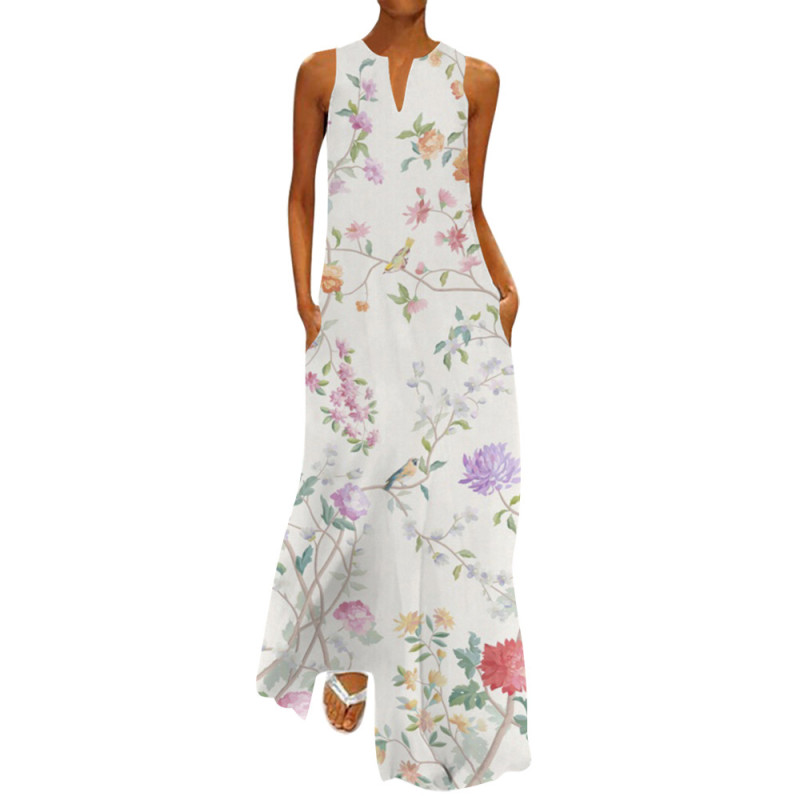 Summer Fashion Sleeveless V Neck Print Pattern Casual Party Maxi Dress