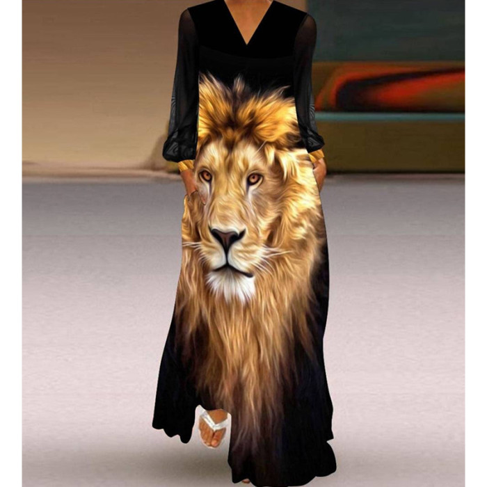 Fashion Printed Assembled Loose Swing V-Neck  Maxi Dress