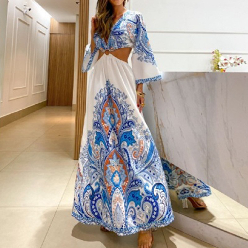 Fashion Printed Boho Party Sexy Deep V Neck Maxi Dress
