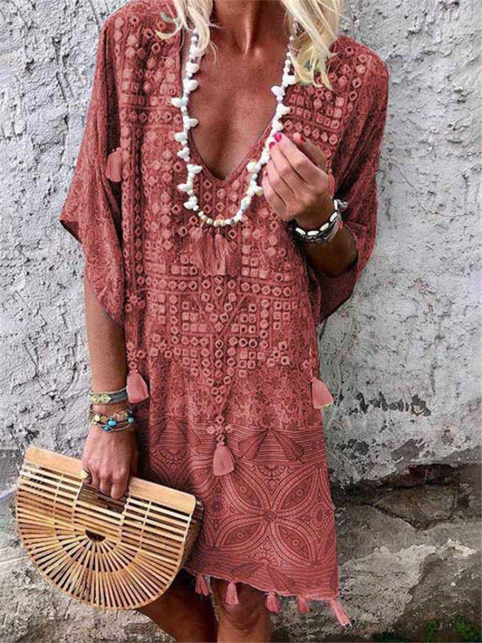 Sexy Beach Boho Style V-Neck Print Fringed Casual Dress
