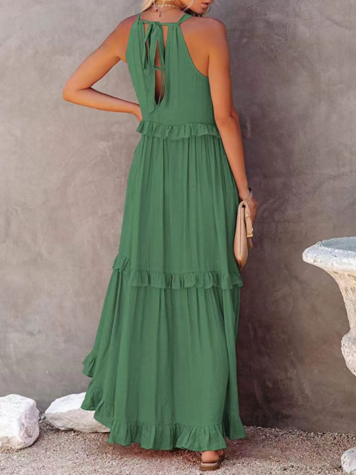 Fashion Solid Color Casual Ruffle Elegant Hollow Ribbon Party  Wedding Guest Dress