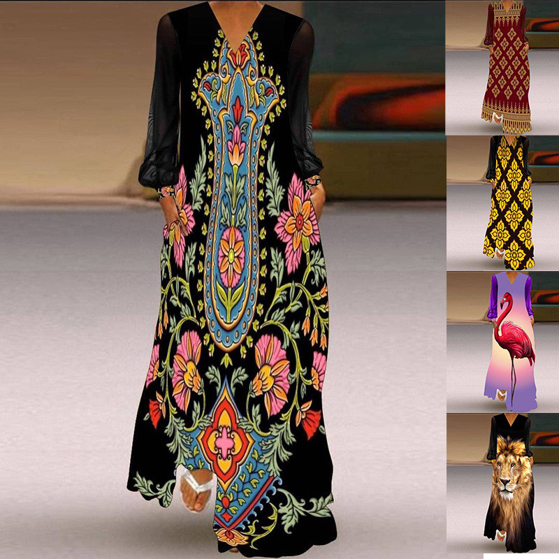 Fashion Printed Assembled Loose Swing V-Neck  Maxi Dress
