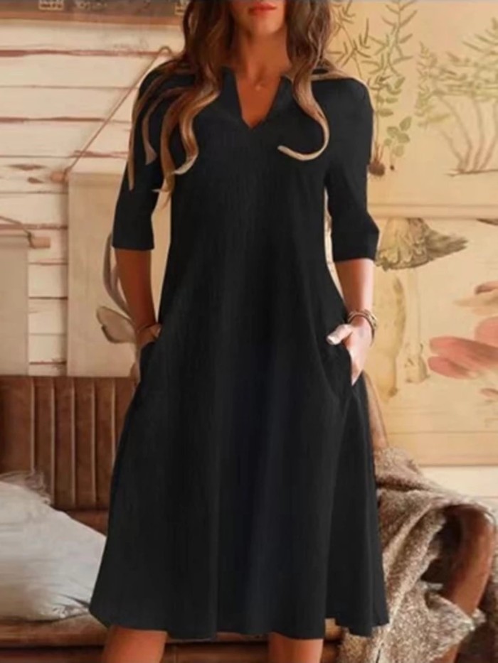 New A-line Cotton Linen Elegant V-Neck Loose Dress