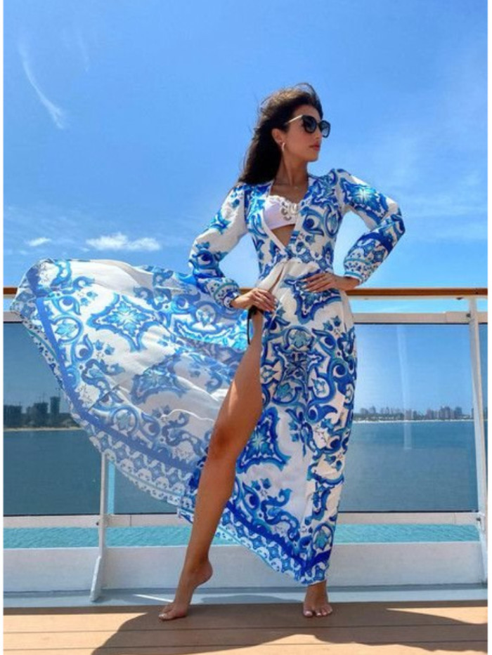 Women's Party V Neck Sexy Fashion Printed Bohemian Beach  Maxi Dress