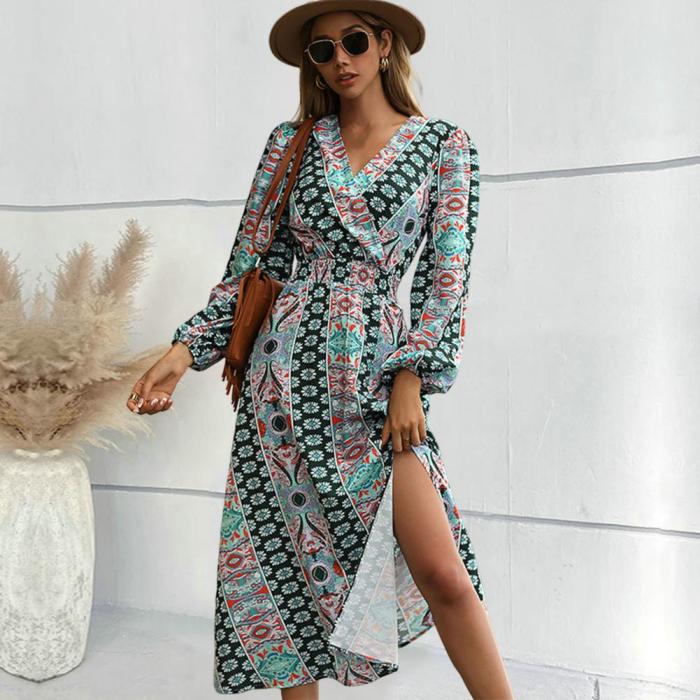 Fashion Print V Neck Puff Sleeve Bohemian A-Line Slit  Maxi Dress