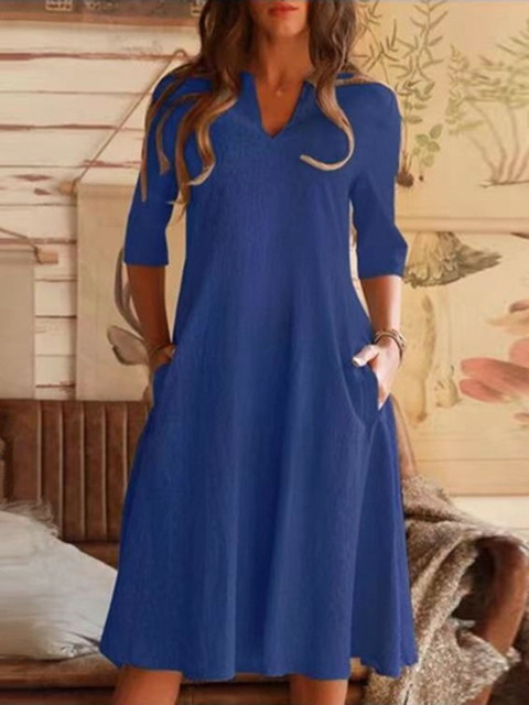 New A-line Cotton Linen Elegant V-Neck Loose Dress