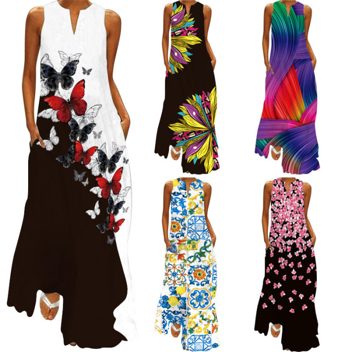 Fashionable Bohemian Vintage Print V Neck Multicolor Sexy Sleeveless  Maxi Dress