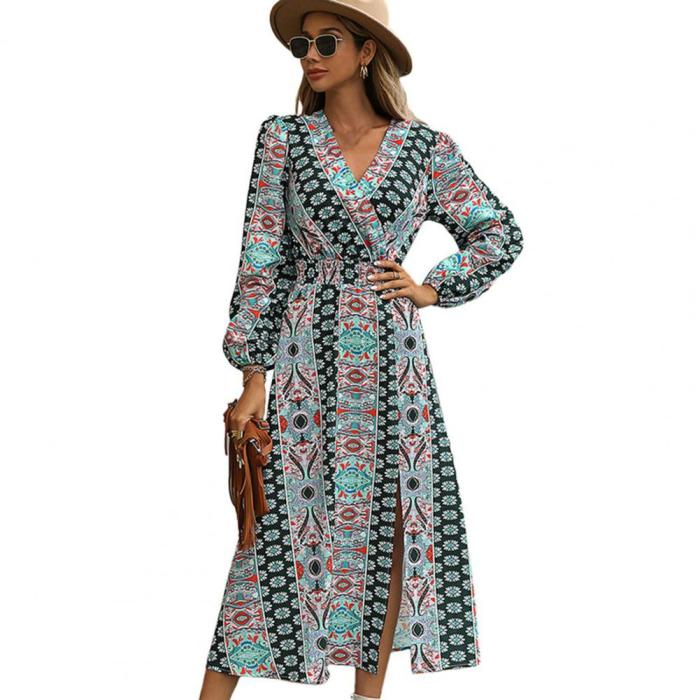 Fashion Print V Neck Puff Sleeve Bohemian A-Line Slit  Maxi Dress