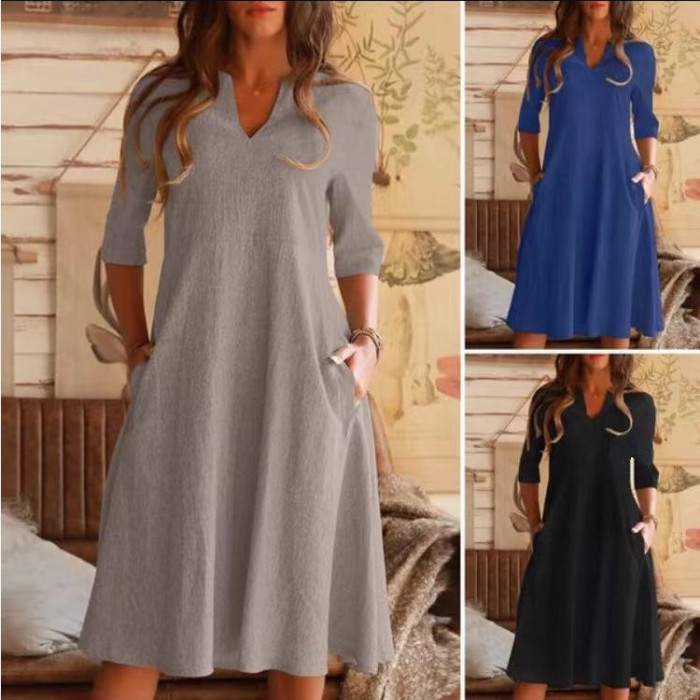 New A-line Cotton Linen Elegant V-Neck Loose Dress