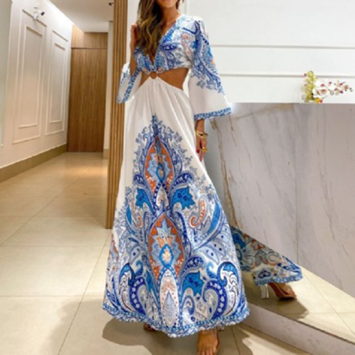 Fashion Printed Boho Party Sexy Deep V Neck Maxi Dress