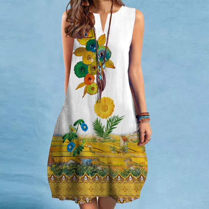Women's Fashion V Neck Sexy Sleeveless Sexy Print Swing Casual Dress