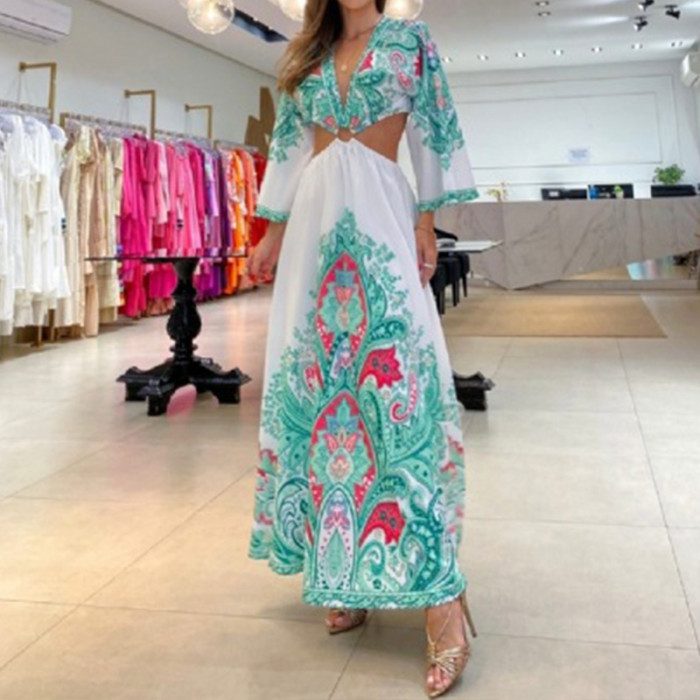 Fashion Printed Boho Party Sexy Deep V Neck Maxi Dress