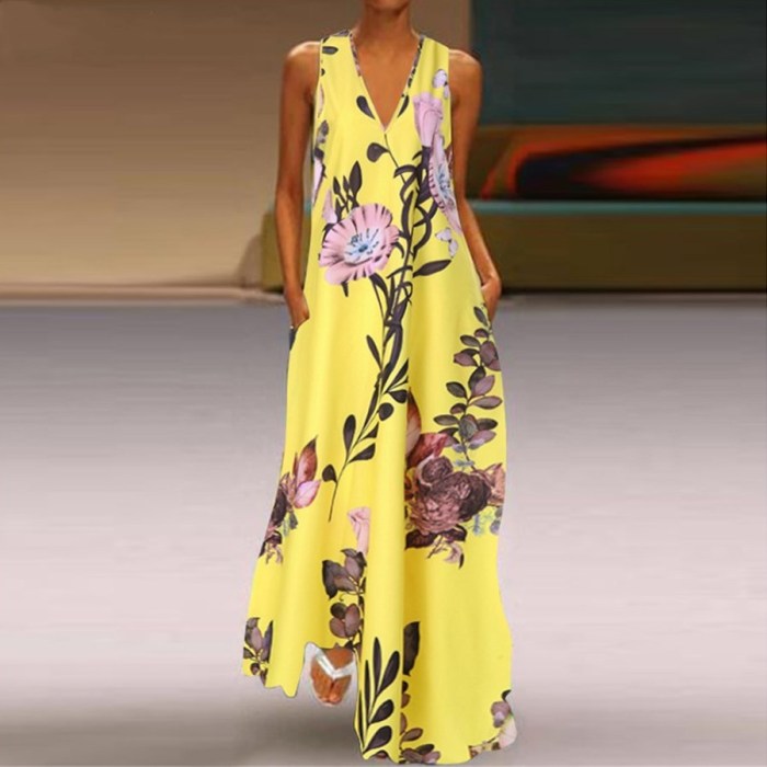 Printed Casual V Neck Fashion  Party Linen Maxi Dress