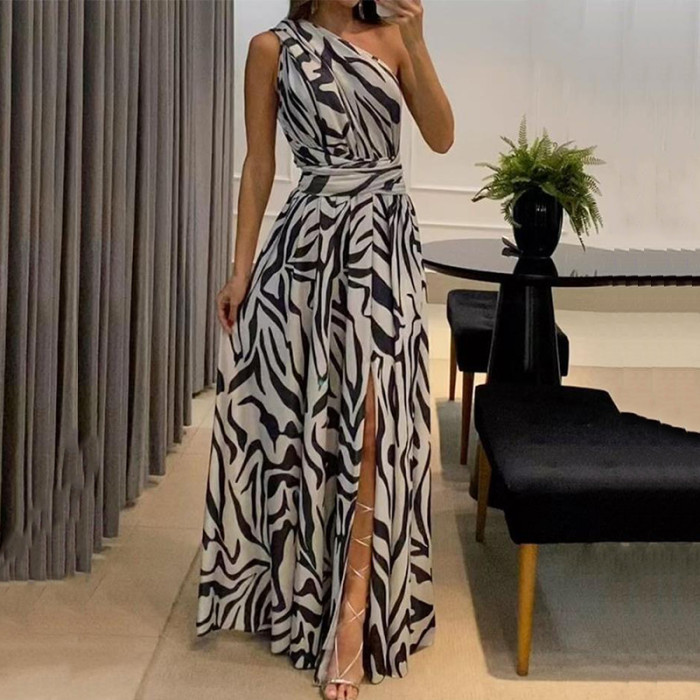 Fashion Sleeveless Elegant Print Off Shoulder Party Sexy A-Line Wedding Guest Dress