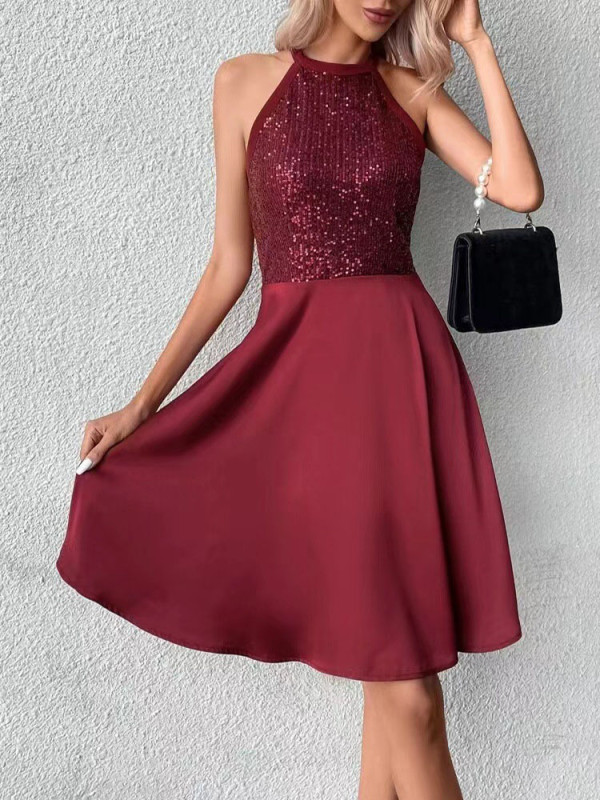 Women's Fashion Sequin Stitching Sleeveless Slim Sexy Strapless Wedding Guest Dress
