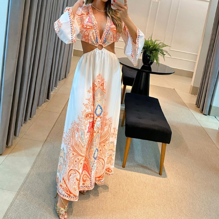 Fashion Printed Boho Party Sexy Deep V Neck Maxi Dress