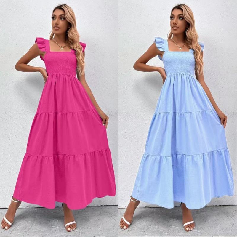 Elegant Fashion Square Neck Solid Color Loose A-Line Wedding Guest Dress