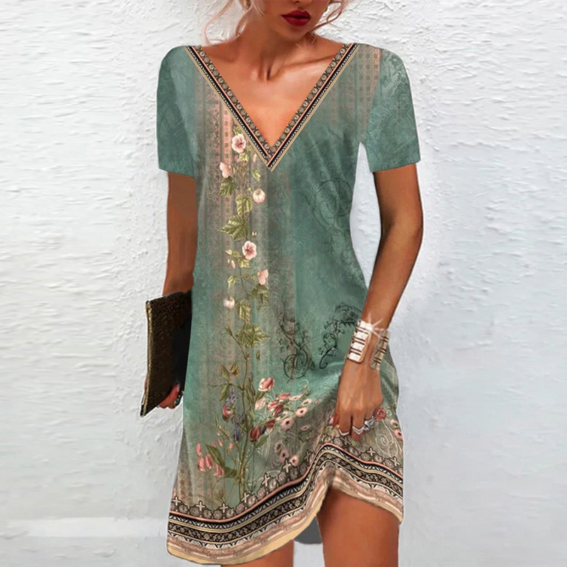 Fashion Retro Floral Elegant Loose V Neck Casual Dress