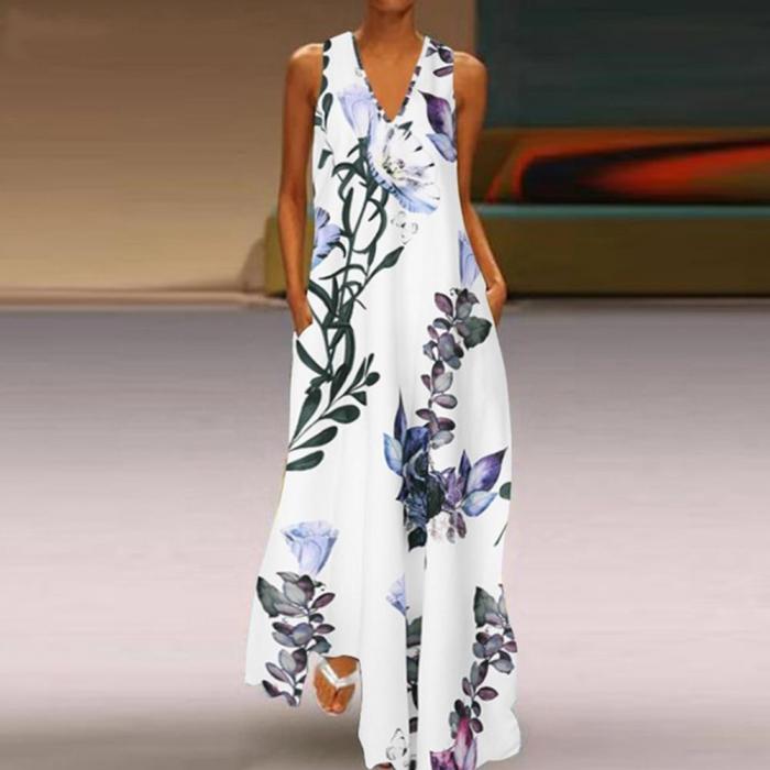 Printed Casual V Neck Fashion  Party Linen Maxi Dress