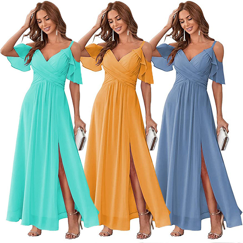 Fashion V-Neck  Solid Color A Swing Elastic High Waist Prom Wedding Guest Dress