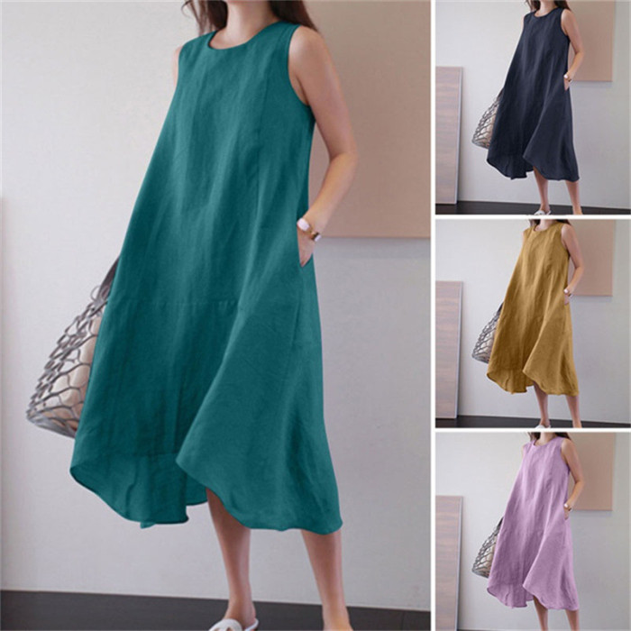 Sleeveless O Neck Solid Color Loose Pocket Pullover Comfort Dress