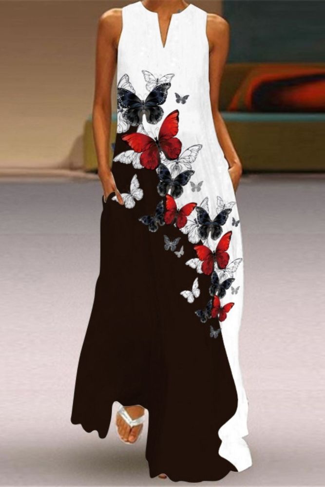Fashionable Bohemian Vintage Print V Neck Multicolor Sexy Sleeveless  Maxi Dress