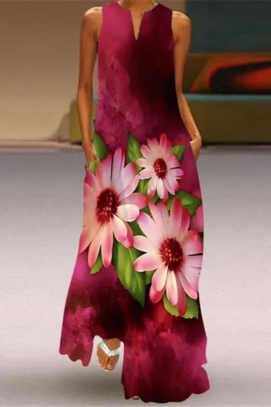 Summer Fashion Sleeveless V-Neck Printed Casual Sexy  Maxi Dress