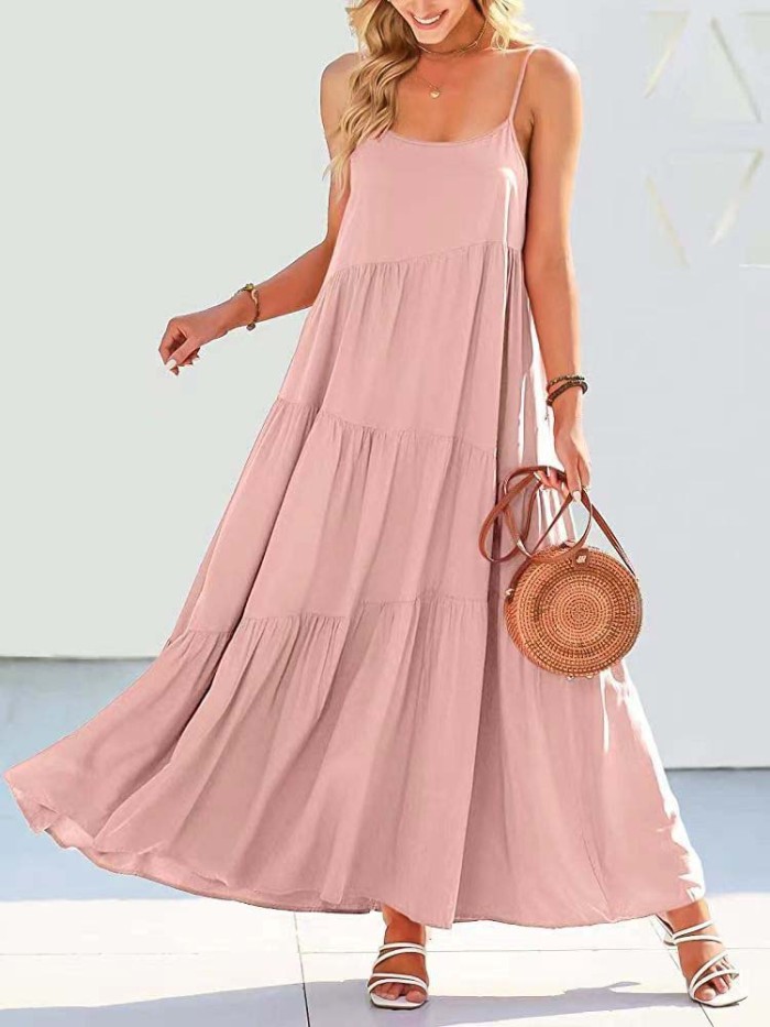 Summer Solid Color Fashion Loose Sleeveless Party  Maxi Dress