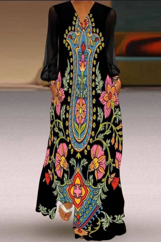 Fashion Printed Assembled Loose Swing V-Neck  Maxi Dress