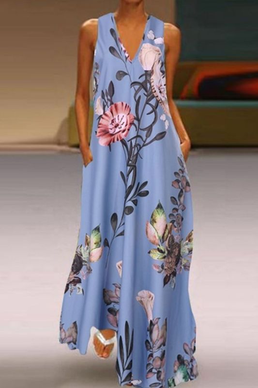 Printed Casual V Neck Fashion  Party Linen Maxi Dress