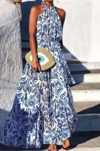 Elegant  Print Casual Fashion Sleeveless Backless BohemianWedding Guest Dress