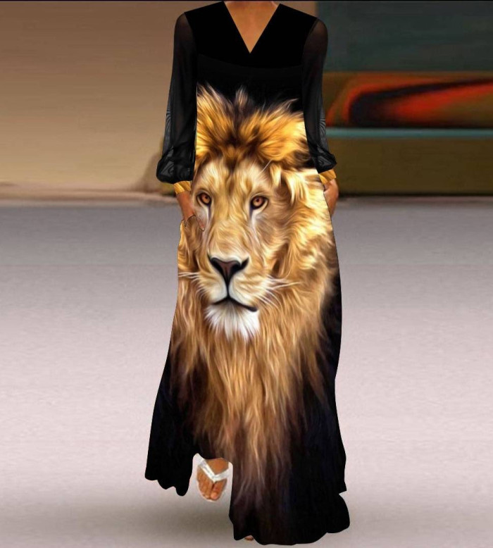 Fashion Printed Assembled Loose Swing V-Neck  Maxi Dress