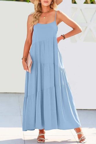 Summer Solid Color Fashion Loose Sleeveless Party  Maxi Dress