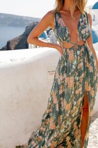 Fashion Bohemian Sweet Floral Hollow Sexy Backless Wedding Guest Dress