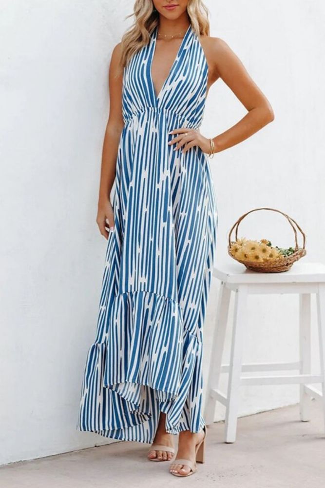 Fashion Sexy Backless Sling Deep V Swing Stripe Sleeveless Party Wedding Guest Dress