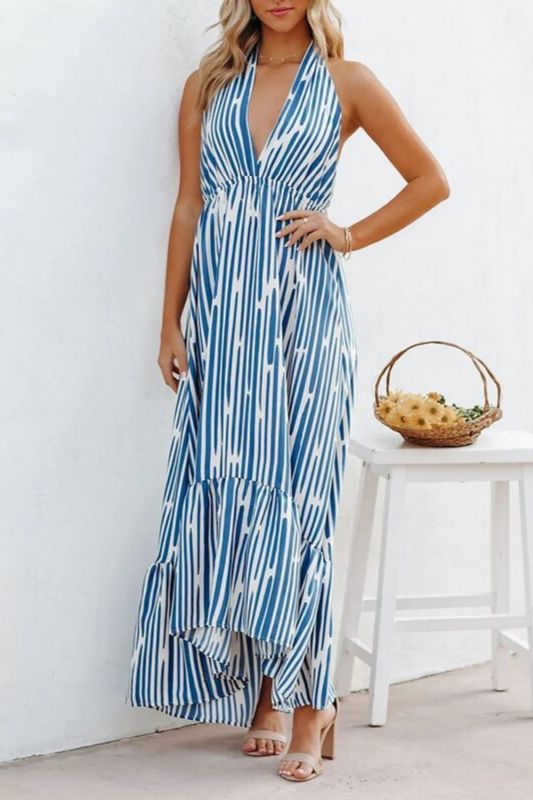 Fashion Sexy Backless Sling Deep V Swing Stripe Sleeveless Party Wedding Guest Dress