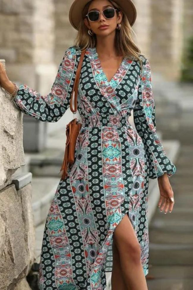 Fashion Print V Neck Puff Sleeve Bohemian A-Line Slit  Maxi Dress