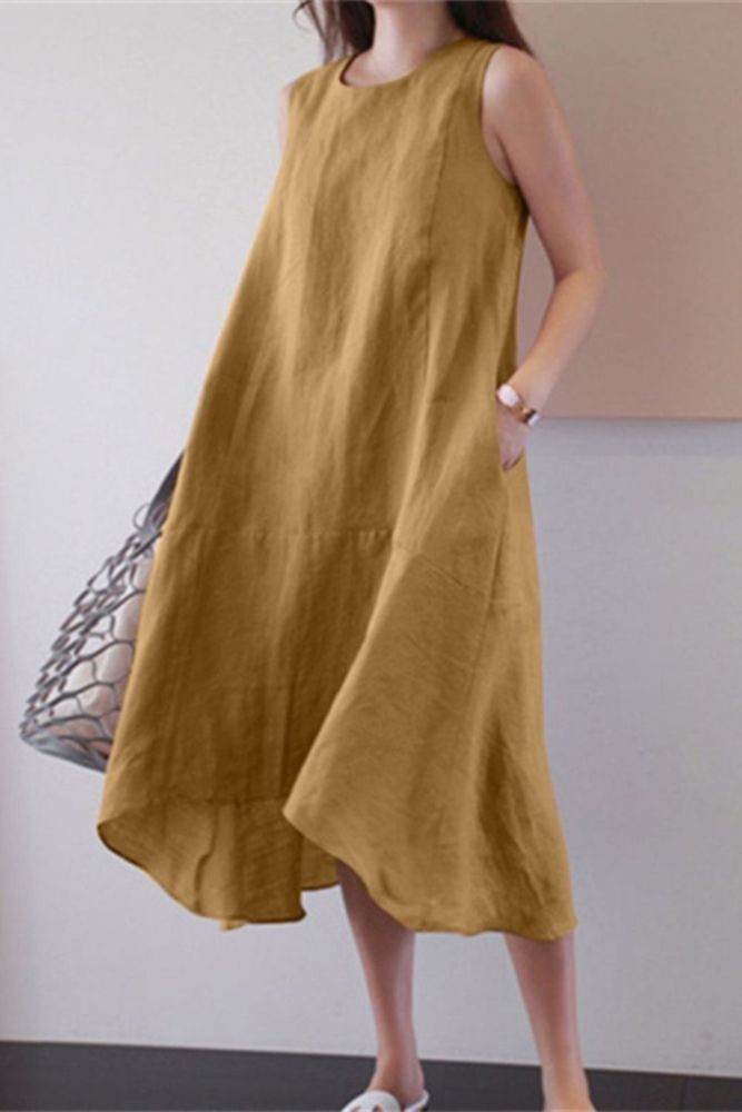 Sleeveless O Neck Solid Color Loose Pocket Pullover Comfort Dress